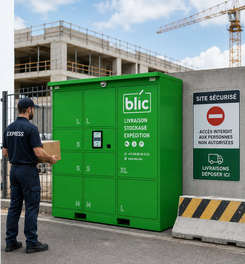 Employé manipulant un conteneur vert Blic pour livraison et stockage devant un site logistique sécurisé, avec options de tailles S/M/L/XL, illustrant les solutions d'expédition et gestion des flux.