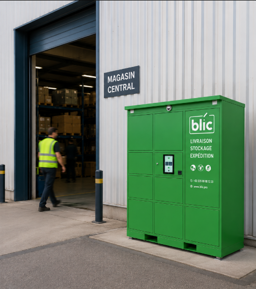 Conteneur logistique Blic vert installé devant un magasin central industriel, avec une personne en tenue de sécurité (gilet jaune, casque) entrant dans le bâtiment. Solution modulaire pour la livraison, le stockage et l'expédition de pièces et matières premières